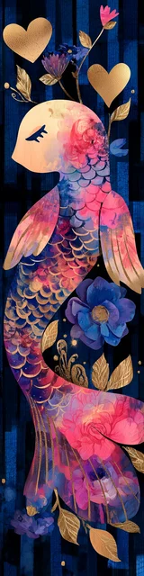 Free printable fish bookmark featuring shy fish on blue background with gold hearts